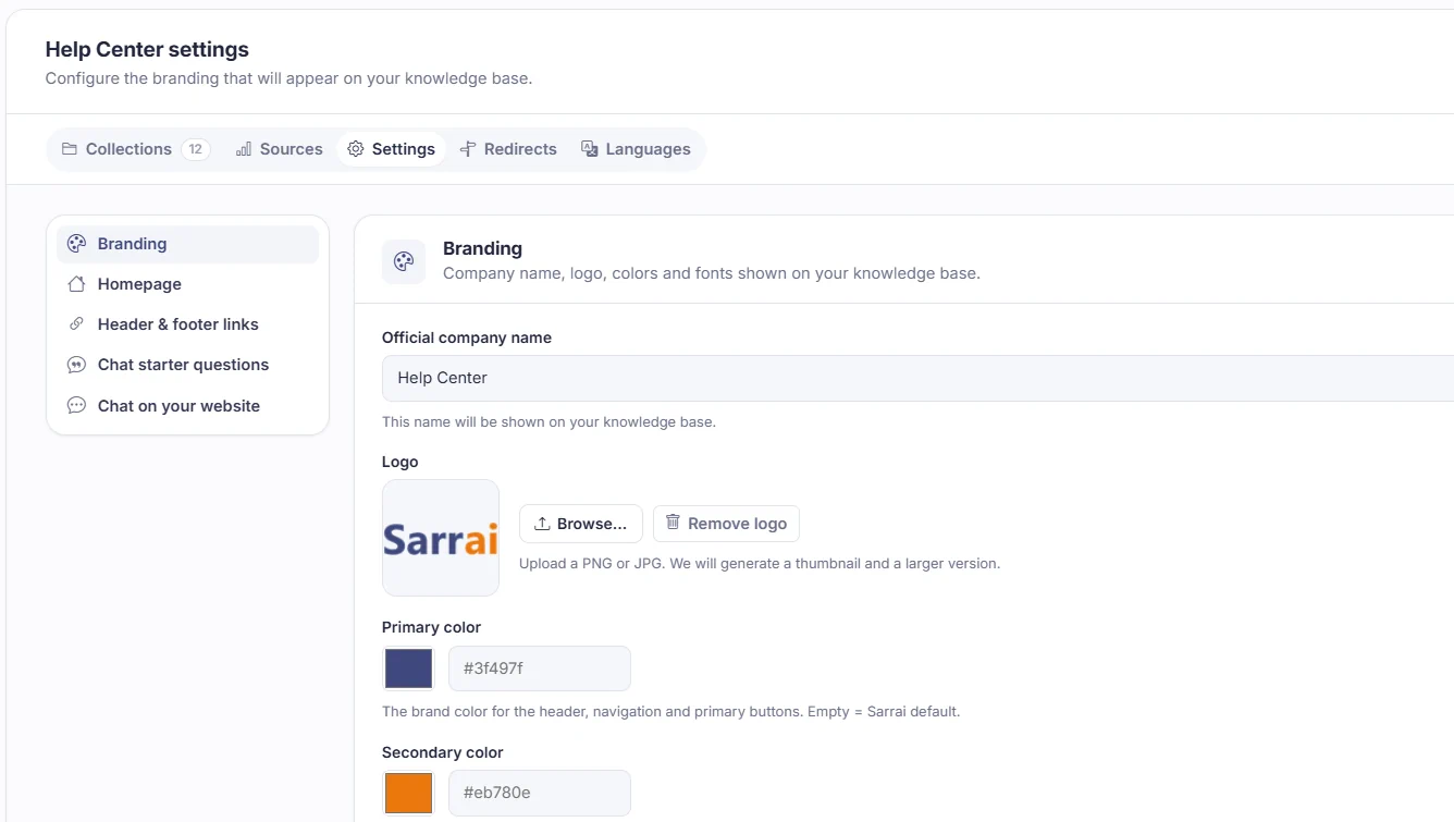 The branding settings of the Help Center in Sarrai
