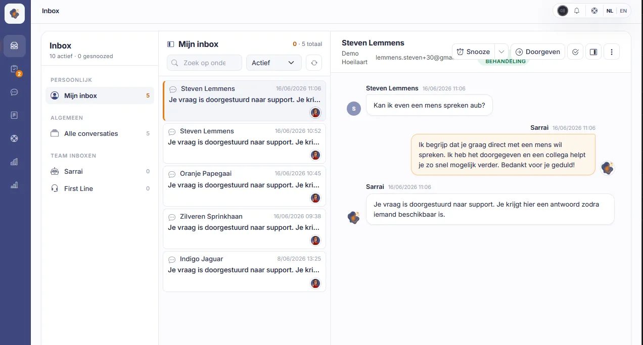 The Sarrai inbox with a handed-over conversation, the chat history and the customer's details