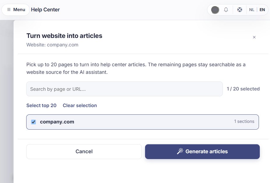 The "Turn website into articles" screen in Sarrai, with page selection and the "Generate articles" button.