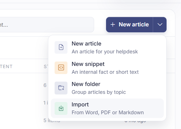 The "New article" menu in Sarrai, with "Import" next to "New article", "New snippet" and "New folder".