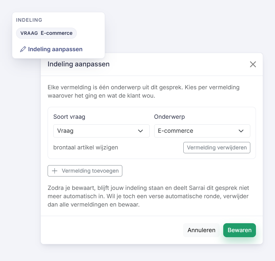 The Classification block in the side panel of a conversation, with the Adjust classification window below it, where you pick the question type and the topic for each mention.